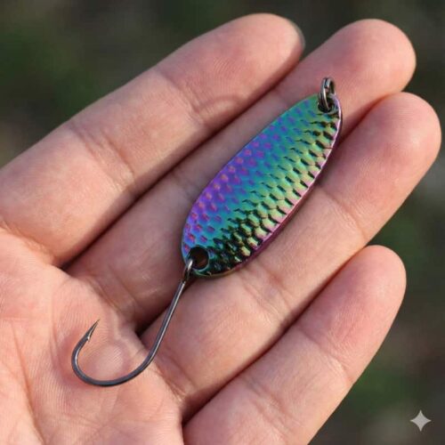 Suckerme Rainbow Flashback Spoon 5g i regnbuefinish med enkeltkrog, vist i en hånd for at vise størrelse.