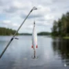 Stemningsbillede af et Abu Garcia Toby 15g blink hængende fra en fiskestang med en sø i baggrunden, klar til kast.