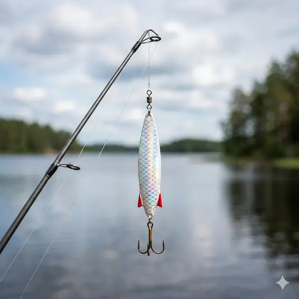 Stemningsbillede af et Abu Garcia Toby 15g blink hængende fra en fiskestang med en sø i baggrunden, klar til kast.