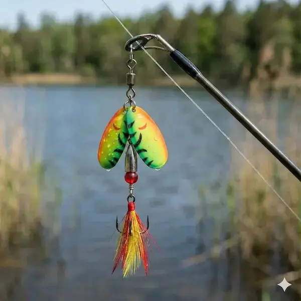 Stemningsbillede af Buck Pike Twin spinneren monteret på stangen ved en sø. De dobbelte blade skaber ekstra vibrationer i vandet.