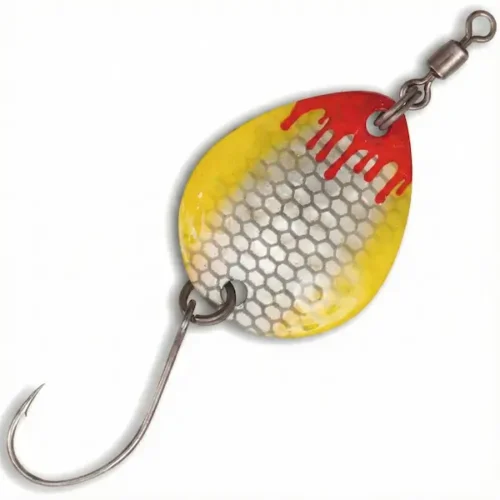 Magic Trout Bloody Blades 2,1g microblink i gul og sølv med blodrøde detaljer. Monteret med svirvel og skarp enkeltkrog.
