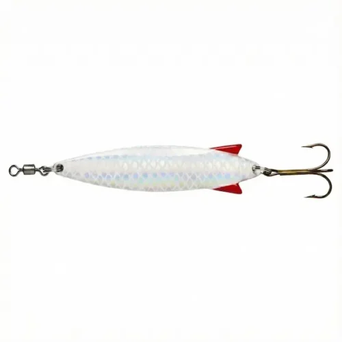 Abu Garcia Toby 15g i farven hvid/pearl. Et klassisk blink med det ikoniske S-formede design og røde finner ved halen.