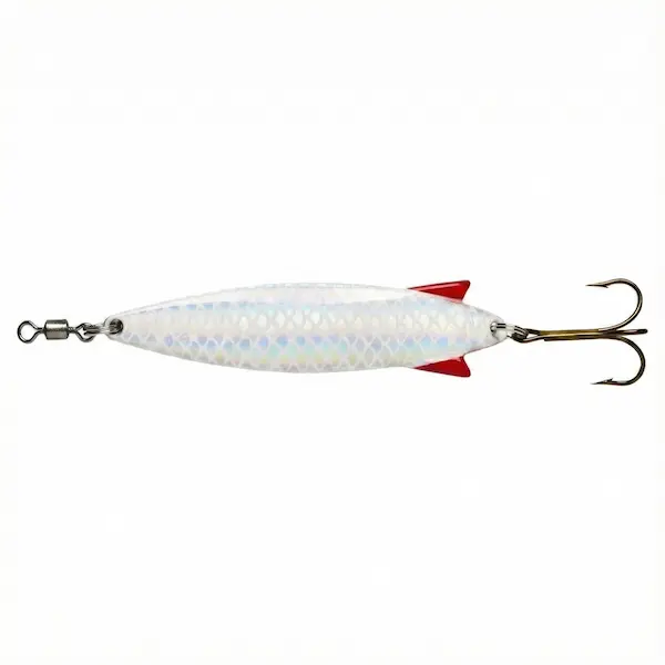 Abu Garcia Toby 15g i farven hvid/pearl. Et klassisk blink med det ikoniske S-formede design og røde finner ved halen.