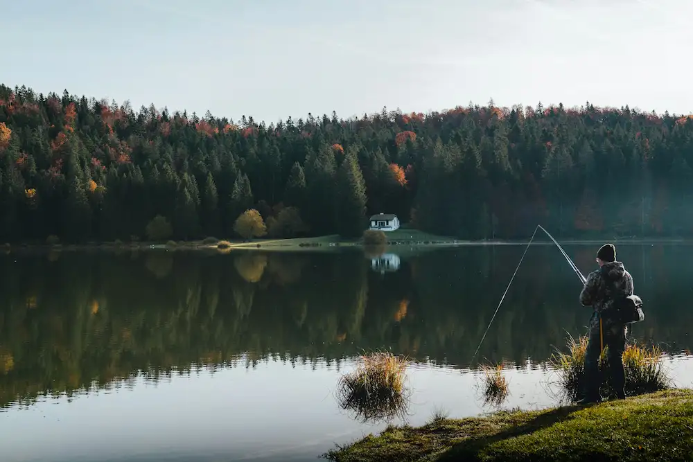 En person i gang med fiskeri for begyndere ved en stille skovsø omgivet af efterårsfarver.