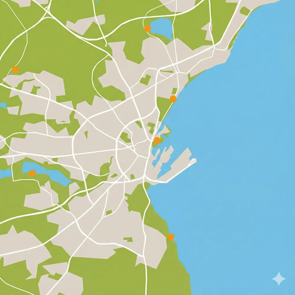 Grafisk kort over Aarhus der viser placeringen af populære fiskesteder i Aarhus ved både hav, kyst og søer.